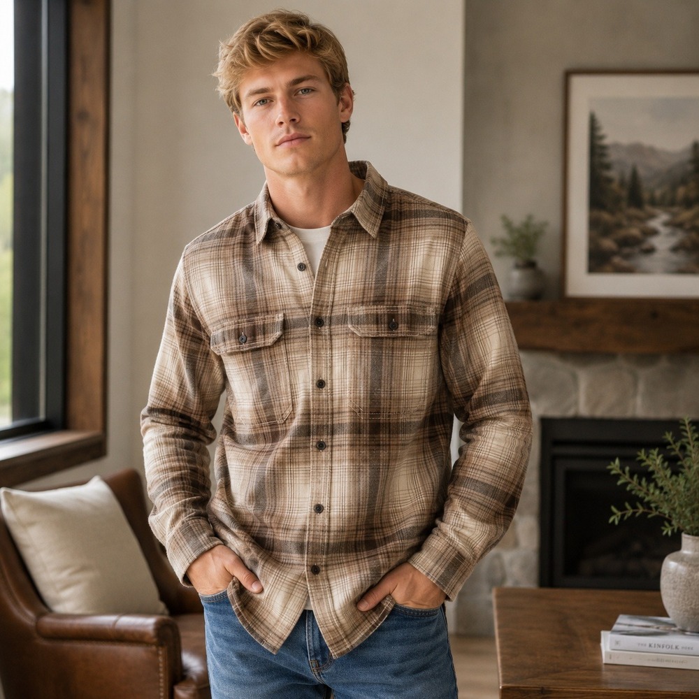NWT George Men's Brown Beige Plaid Flannel‎ Button-Up Shirt S
